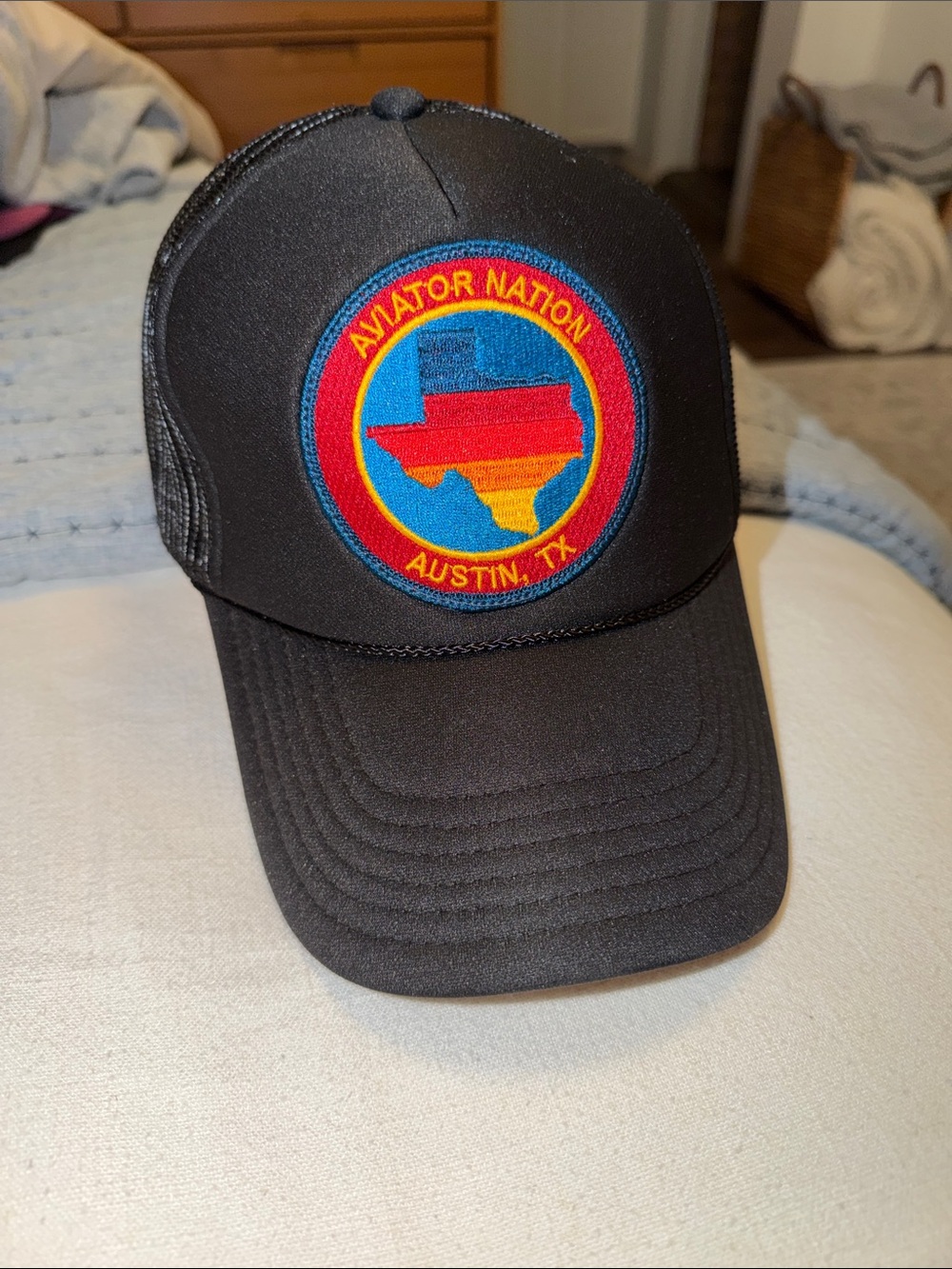 Aviator Nation Black Trucker Hat with Red, Blue & Yellow Austin Patch